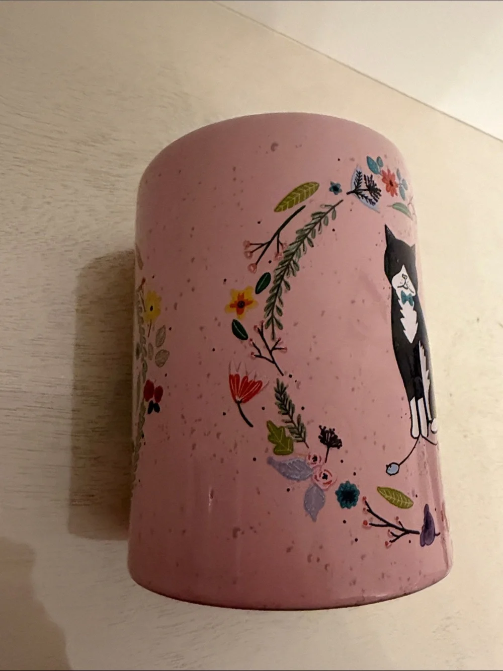 Cynthia Rowley Pink Cat Ceramic Mug with Floral Design